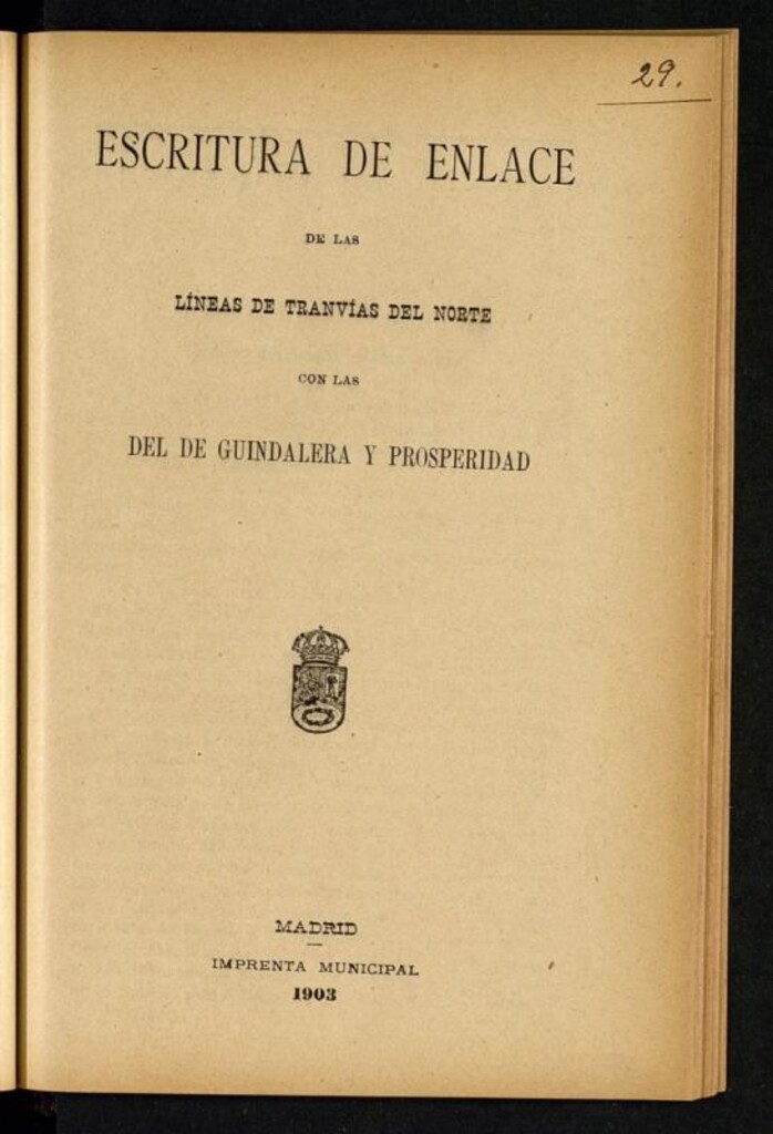 Miniatura de Escritura de enlace de las lineas del tranvia Norte con las de Guindalera y Prosperidad