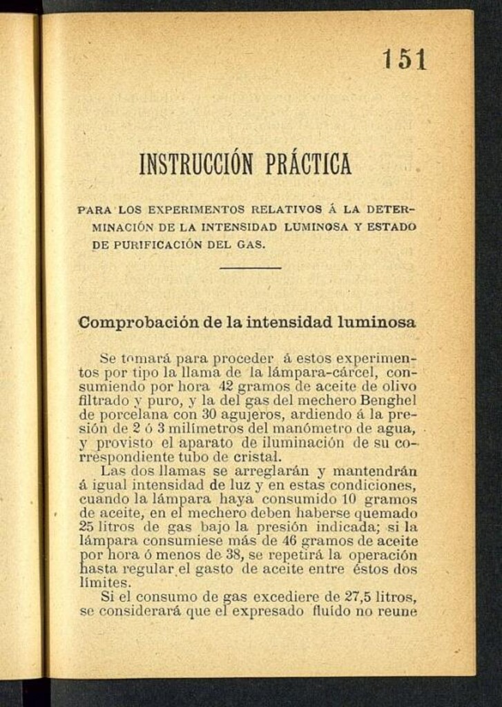 Miniatura de Instruccion practica para los experimentos relativos a la determinacion de la intensidad luminosa y estado de purificacion del gas