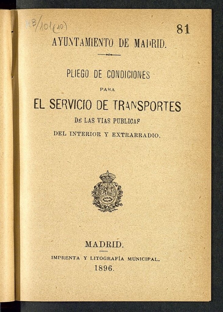 Miniatura de Pliego de condiciones para el servicio de transportes de las vías públicas del interior y extrarradio