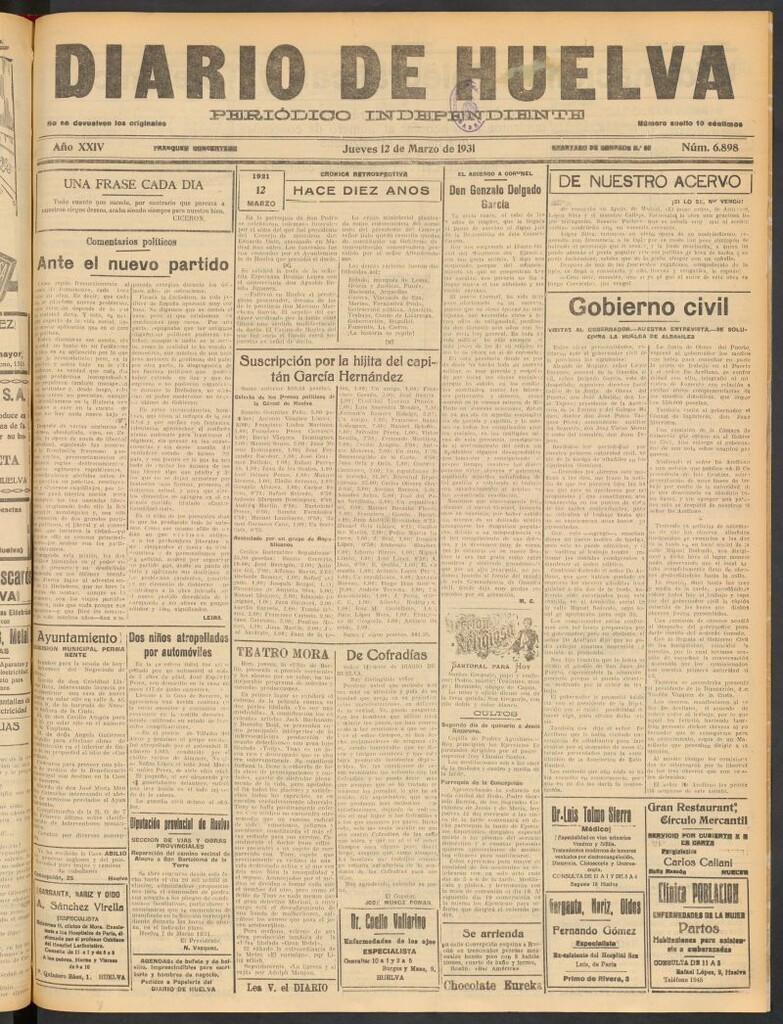 Miniatura de Diario de Huelva : periódico independiente del 12 de marzo de 1931