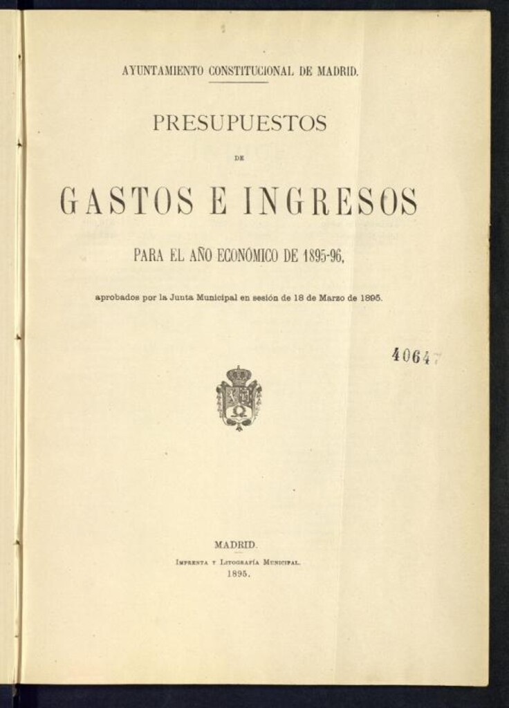 Miniatura de Presupuestos ordinario y extraordinario de gastos e ingresos para el año económico de 1895-96.