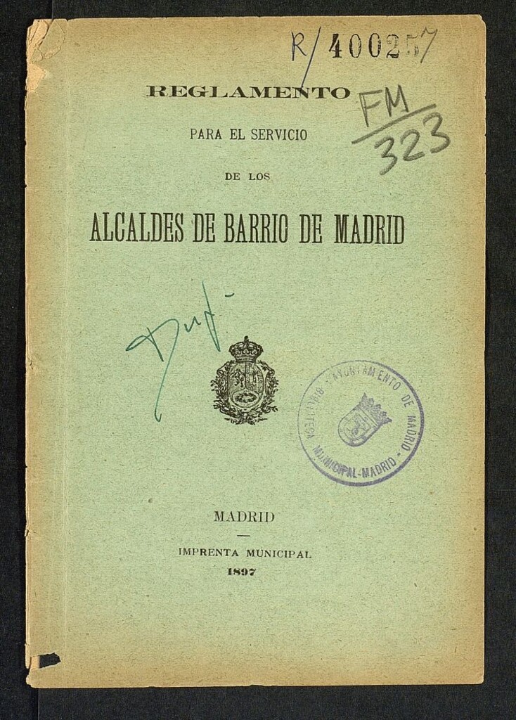 Miniatura de Reglamento para el servicio de los Alcaldes de barrio de Madrid.