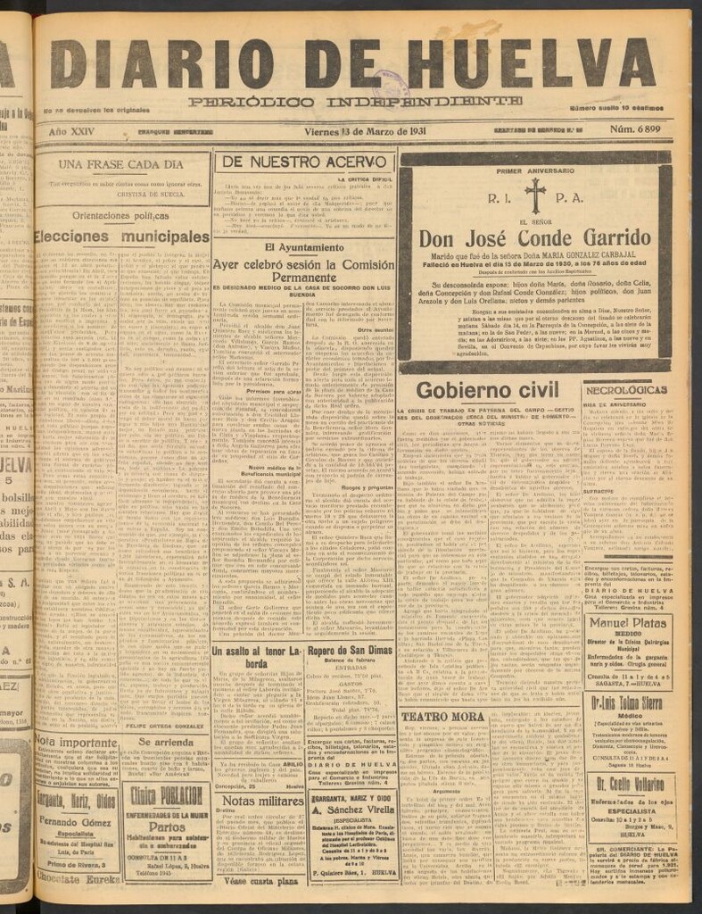 Miniatura de Diario de Huelva : periódico independiente del 13 de marzo de 1931