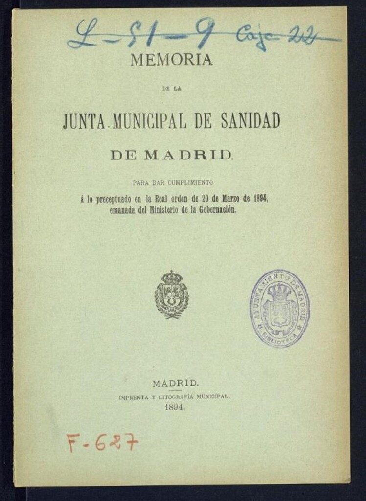 Miniatura de Memoria de la Junta Municipal de Sanidad de Madrid para dar cumplimiento a lo preceptuado en la R.O. de 20 de marzo de 1894, emanada del Ministerio de la Gobernación