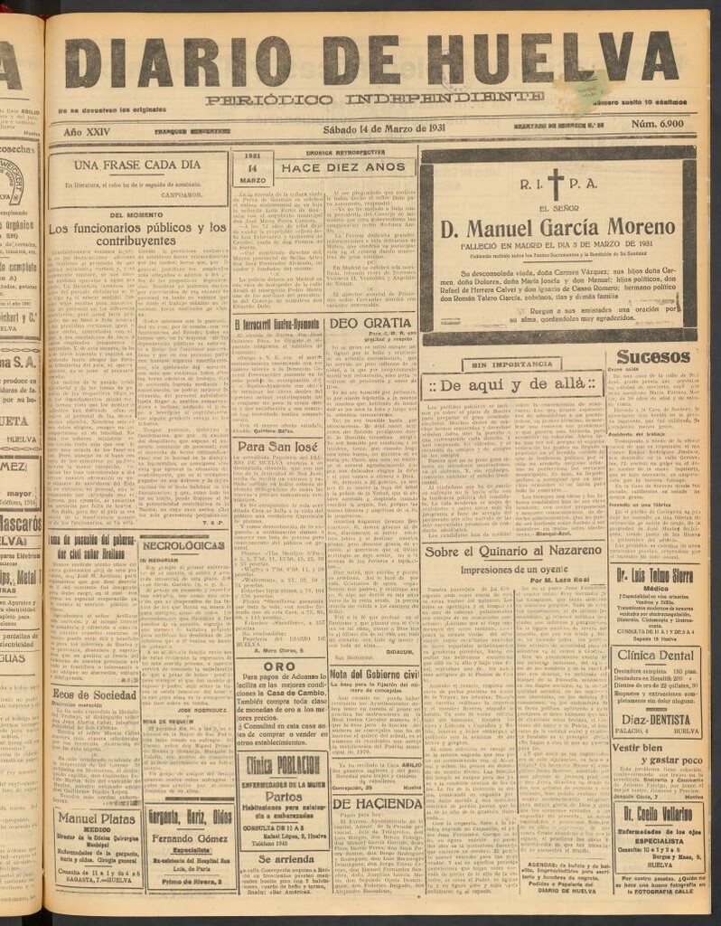 Miniatura de Diario de Huelva : periódico independiente del 14 de marzo de 1931