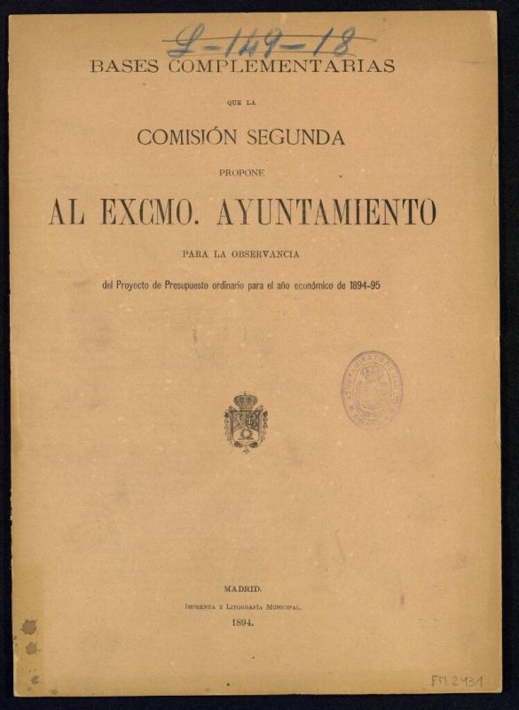 Miniatura de Bases complementarias que la comisión segunda propone al Excmo. Ayuntamiento para la observancia del proyecto de presupuesto ordinario para el año económico de 1894-95