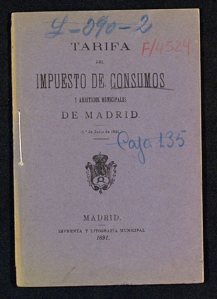 Miniatura de Tarifa del impuesto de consumos y arbitrios municipales de Madrid (1º de julio de 1891).