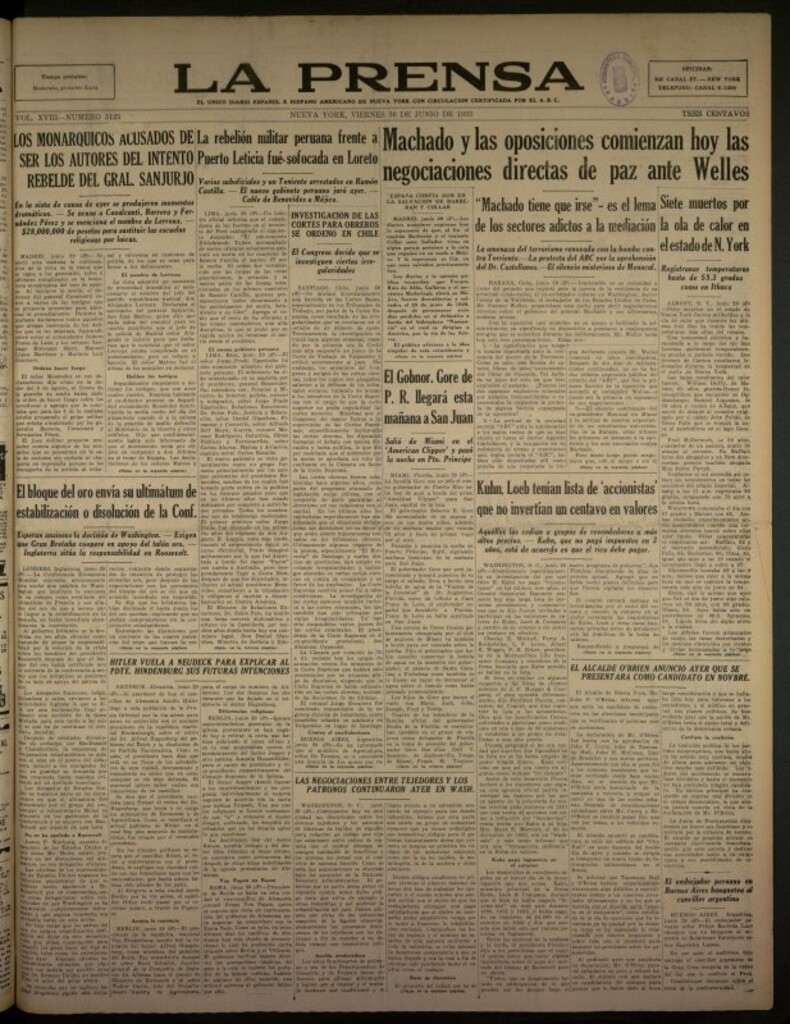 Miniatura de La Prensa: único diario español e hispano americano en Nueva York del 30 de junio de 1933, nº 5125
