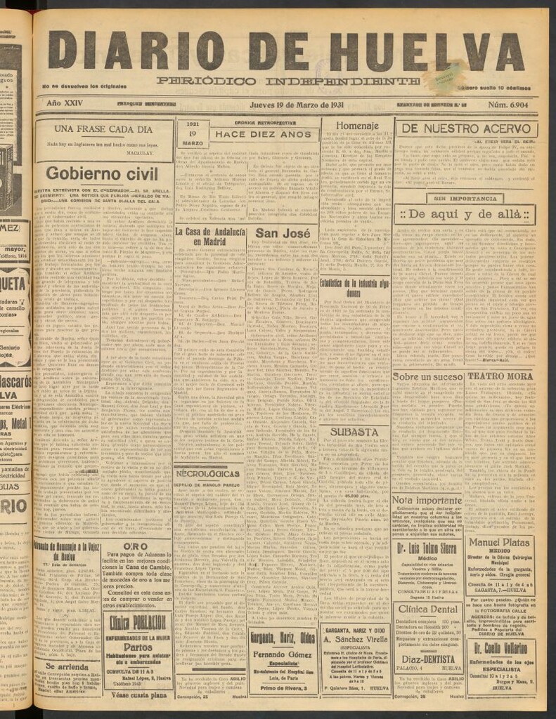 Miniatura de Diario de Huelva : periódico independiente del 19 de marzo de 1931