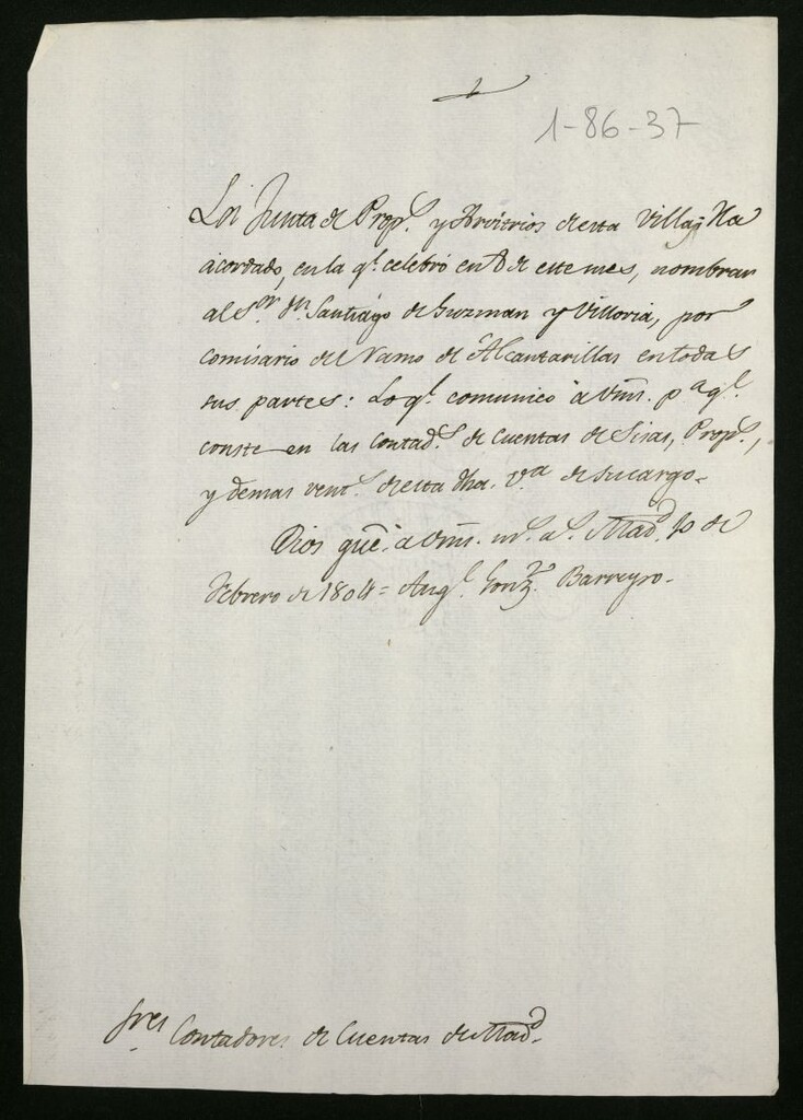 Miniatura de Expediente con la minuta de acuerdos de la Junta de propios y Arbitrios nombrando a Santiago de Guzmán y Villovia, Comisario general del ramo de alcantarillas