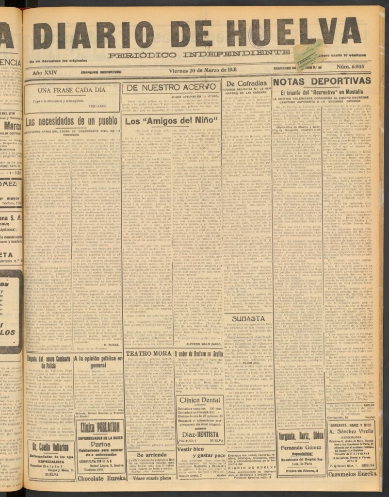 Miniatura de Diario de Huelva : periódico independiente del 20 de marzo de 1931