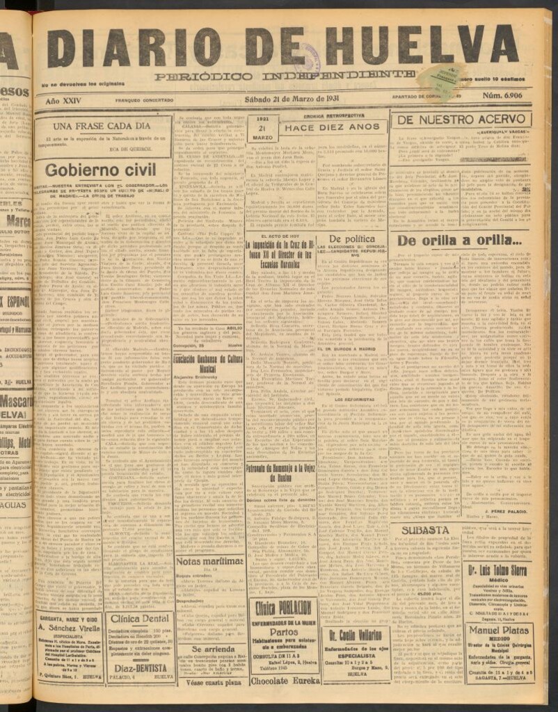 Miniatura de Diario de Huelva : periódico independiente del 21 de marzo de 1931
