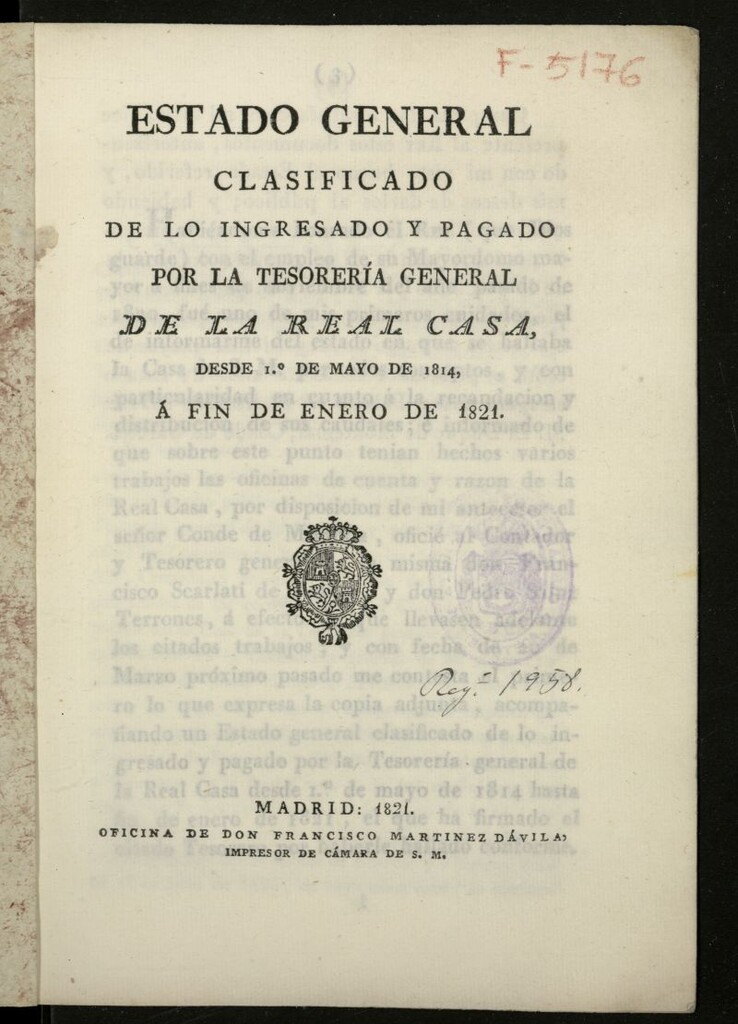 Miniatura de Estado general clasificado de lo ingresado y pagado por la Tesorería General de la Real Casa desde 1º de Mayo de 1814 a fin de Enero de 1821