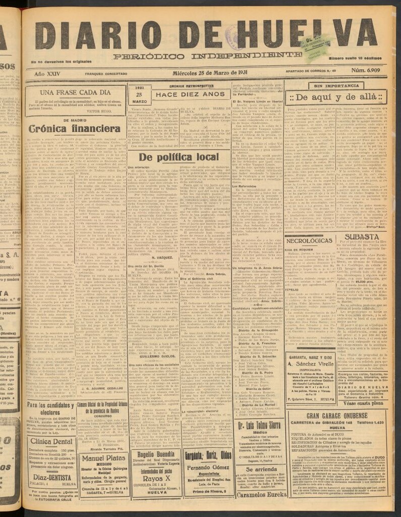 Miniatura de Diario de Huelva : periódico independiente del 25 de marzo de 1931