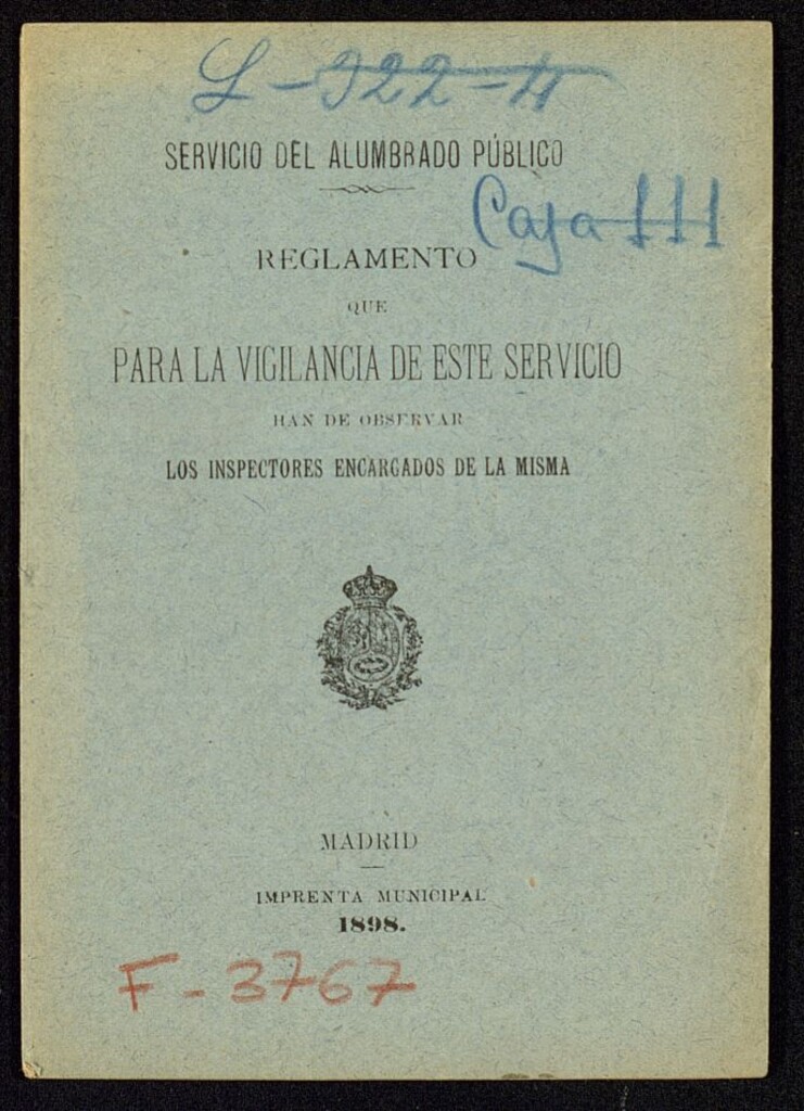 Miniatura de Servicio del alumbrado público : Reglamento que para la vigilancia de este servicio han de observar los inspectores encargados de la misma
