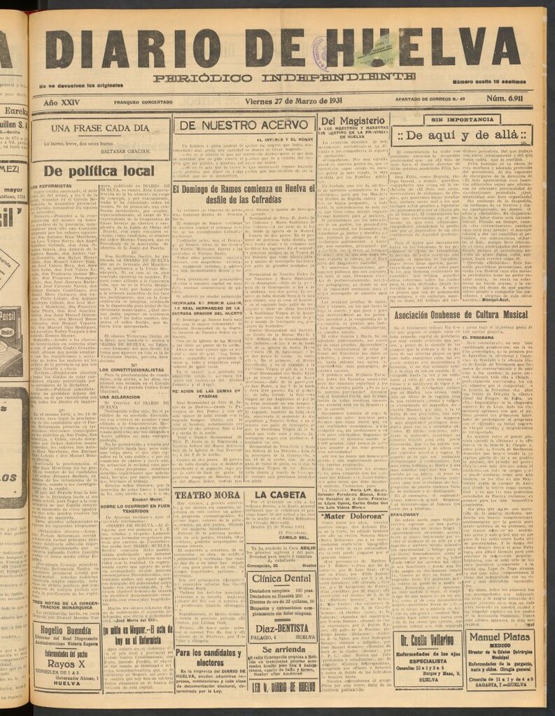 Miniatura de Diario de Huelva : periódico independiente del 27 de marzo de 1931