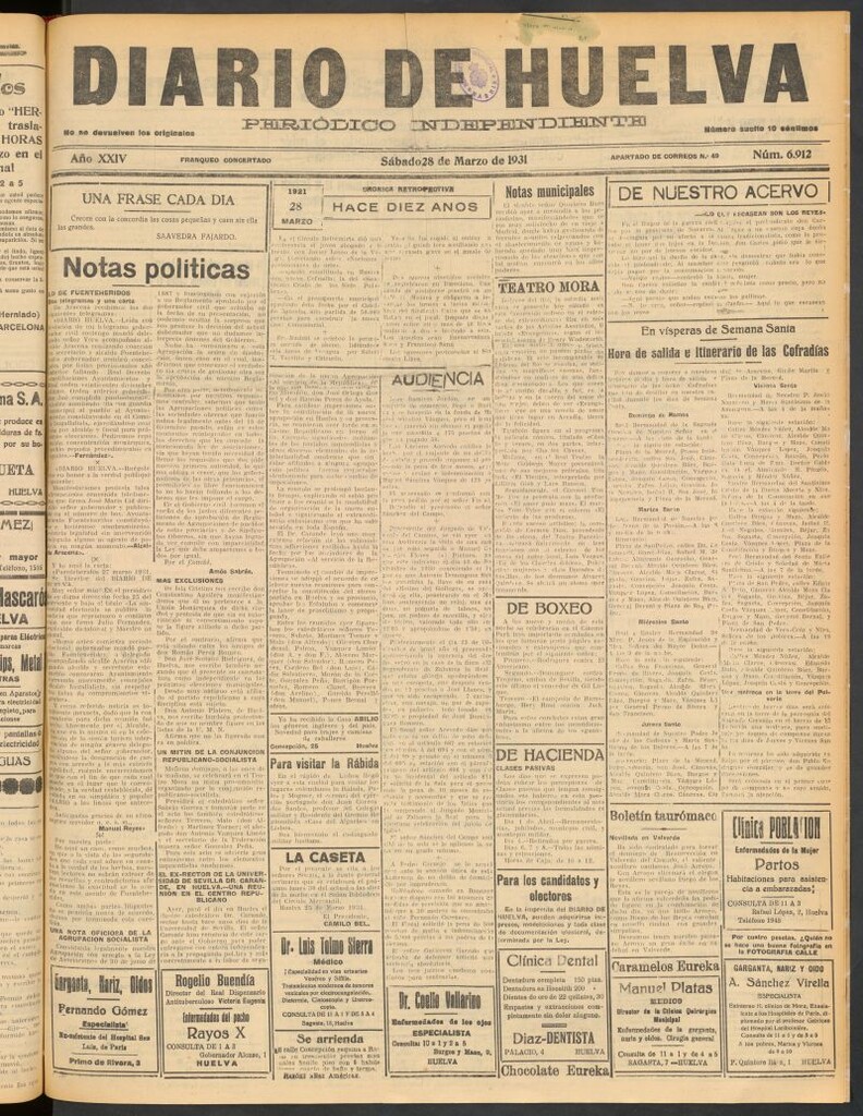Miniatura de Diario de Huelva : periódico independiente del 28 de marzo de 1931