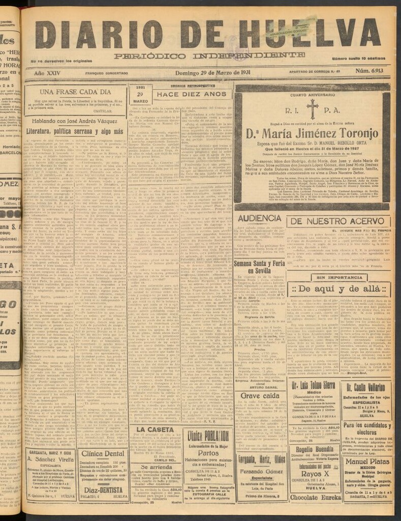 Miniatura de Diario de Huelva : periódico independiente del 29 de marzo de 1931