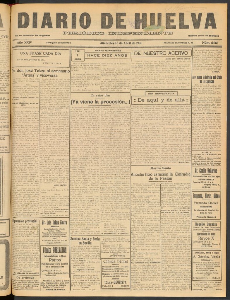 Miniatura de Diario de Huelva : periódico independiente del 1 de abril de 1931