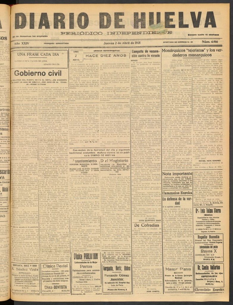Miniatura de Diario de Huelva : periódico independiente del 2 de abril de 1931