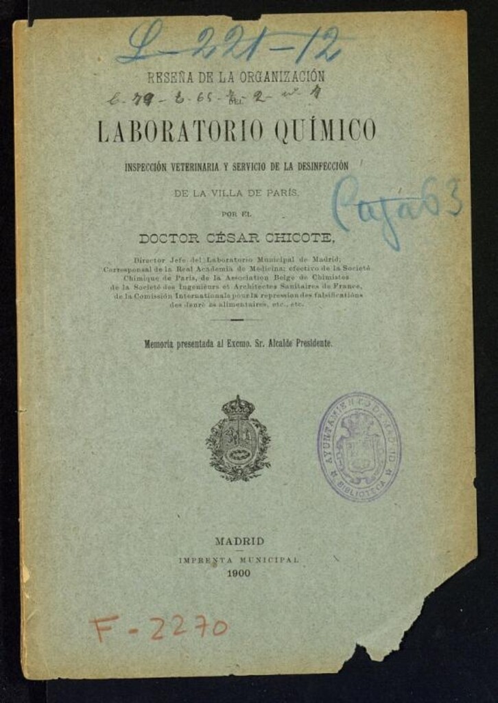Miniatura de Reseña de la organización del laboratorio químico : inspección veterinaria y servicio de la desinfección de la villa de Paris