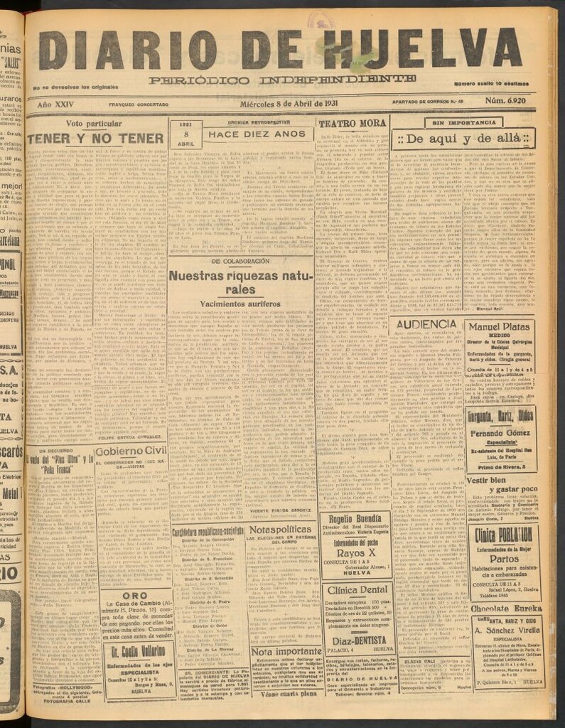 Miniatura de Diario de Huelva : periódico independiente del 8 de abril de 1931