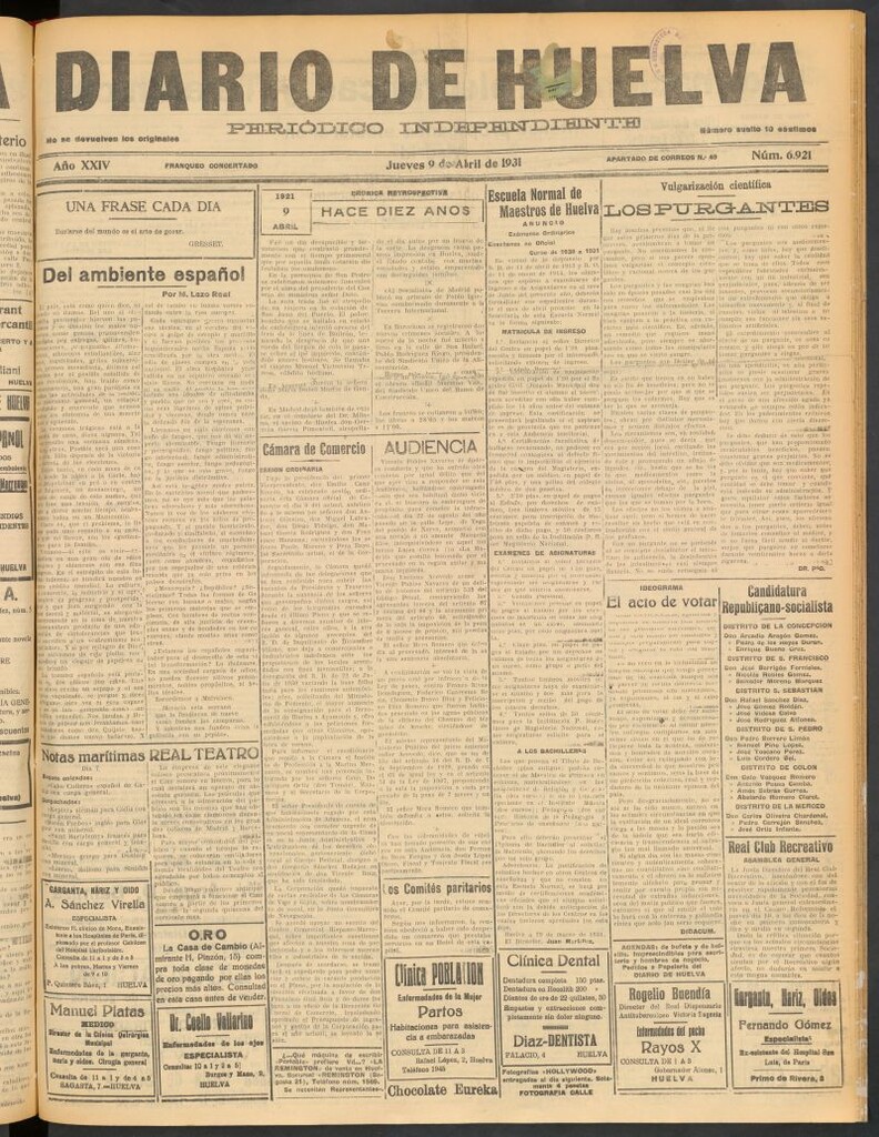 Miniatura de Diario de Huelva : periódico independiente del 9 de abril de 1931