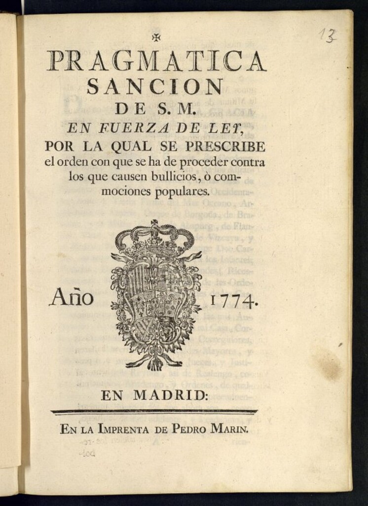 Miniatura de Pragmatica sancion de S.M. en fuerza de Ley, por la qual se prescribe el orden con que se ha de proceder contra los que causen bullicios, ó commociones populares