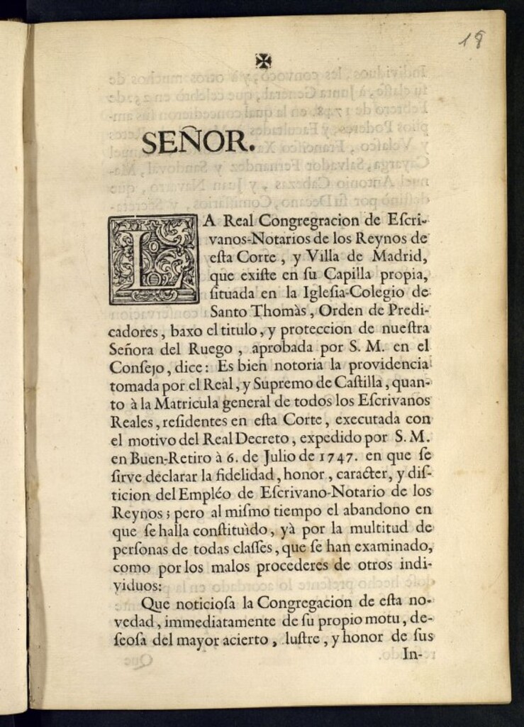 Miniatura de La Real Congregacion de Escrivanos-Notarios de los Reynos de esta Corte, y Villa de Madrid, que existe en su Capilla propia .. en la Iglesia-Colegio de Santo Thomàs ... aprobada por S.M. en el Consejo dice : Es bien notoria la providencia tomada por el Real, y Supremo de Castilla, quanto a la matricula General de todos los Escrivanos Reales ...