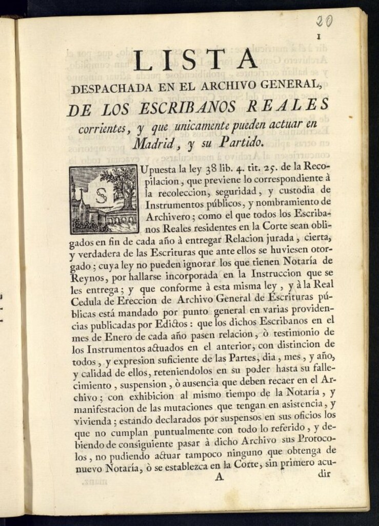 Miniatura de Lista despachada en el Archivo general, de los escribanos reales corrientes, y que unicamente pueden actuar en Madrid y su Partido