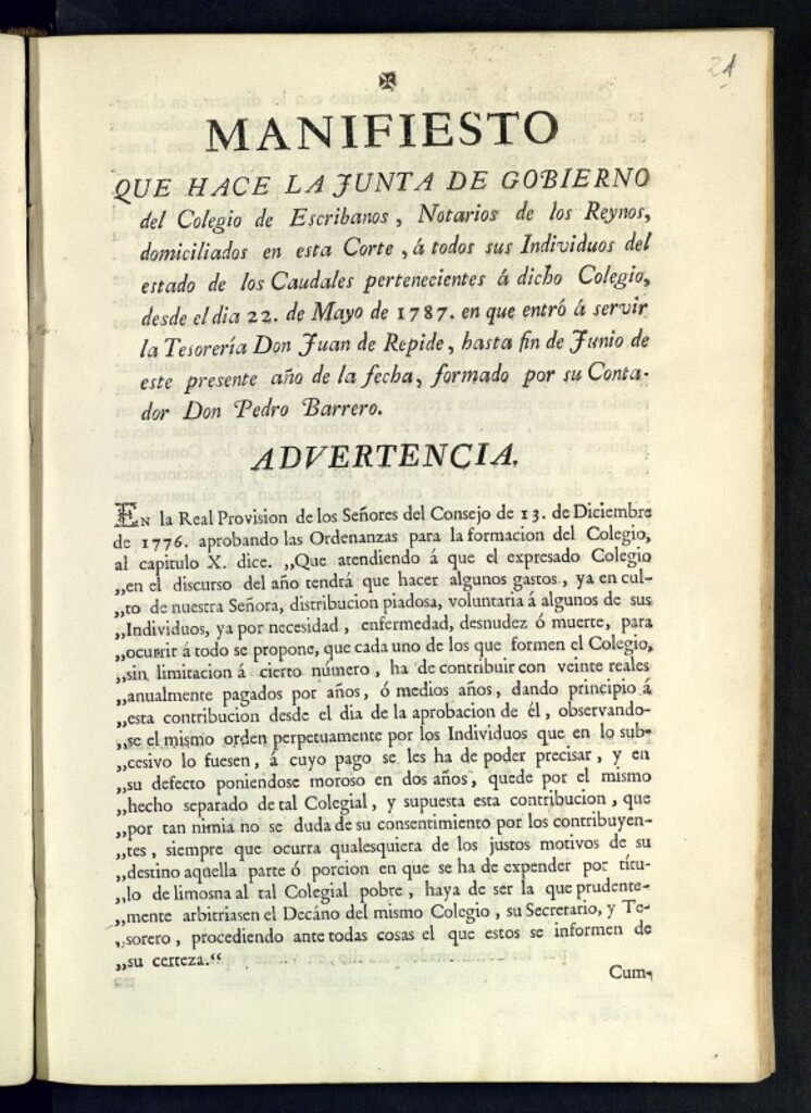 Miniatura de Manifiesto que hace la Junta de Gobierno del Colegio de Escribanos, Notarios de los Reynos, domiciliados en esta Corte, á todos sus Individuos del estado de los Caudales pertenecientes a dicho Colegio...desde el dia 22 de Mayo de 1787 ... hasta fin de Junio de este presente año de la fecha
