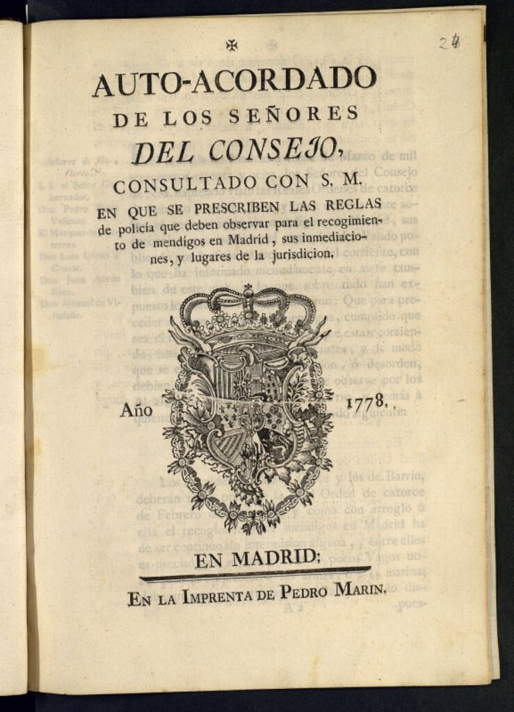 Miniatura de Auto-acordado de los señores del Consejo, consultado con S.M. en que se prescriben las reglas de policía que deben observar para el recogimiento de mendigos en Madrid, sus inmediaciones, y lugares de jurisdicción