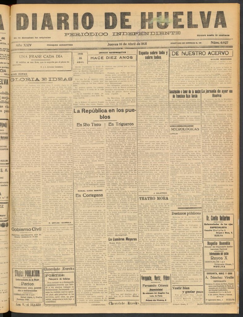 Miniatura de Diario de Huelva : periódico independiente del 16 de abril de 1931