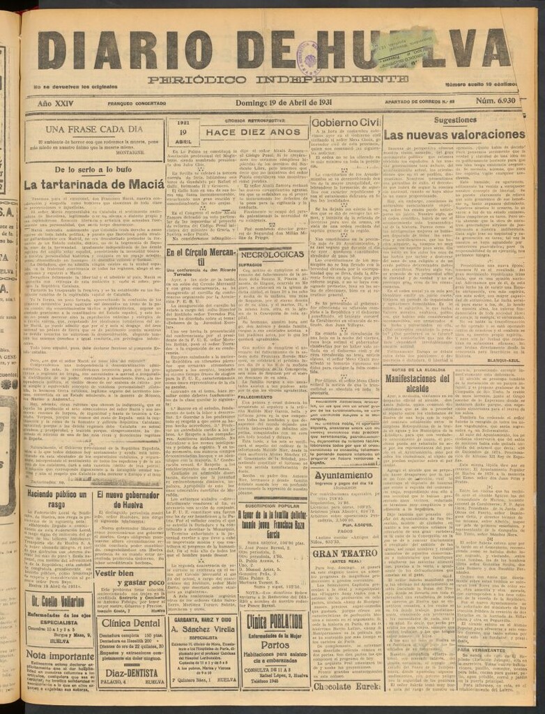 Miniatura de Diario de Huelva : periódico independiente del 19 de abril de 1931