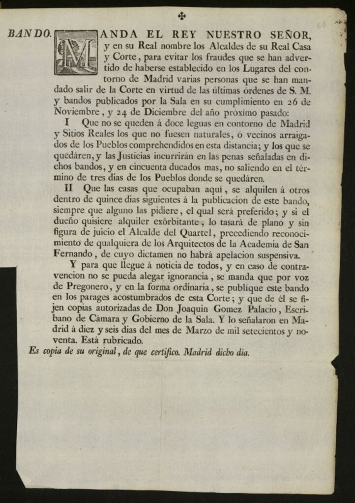 Miniatura de Manda el Rey... y en su Real nombre los Alcaldes de su Real Casa y Corte, para evitar los fraudes que se han advertido de haberse establecido en los Lugares del contorno de Madrid varias personas que se han mandado salir de la Corte... que no se queden á doce leguas en contorno de Madrid y Sitios Reales los que no fuersen naturales ...