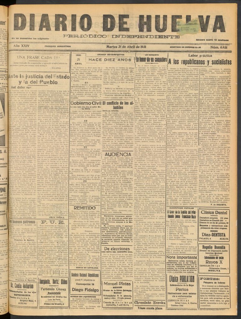 Miniatura de Diario de Huelva : periódico independiente del 21 de abril de 1931