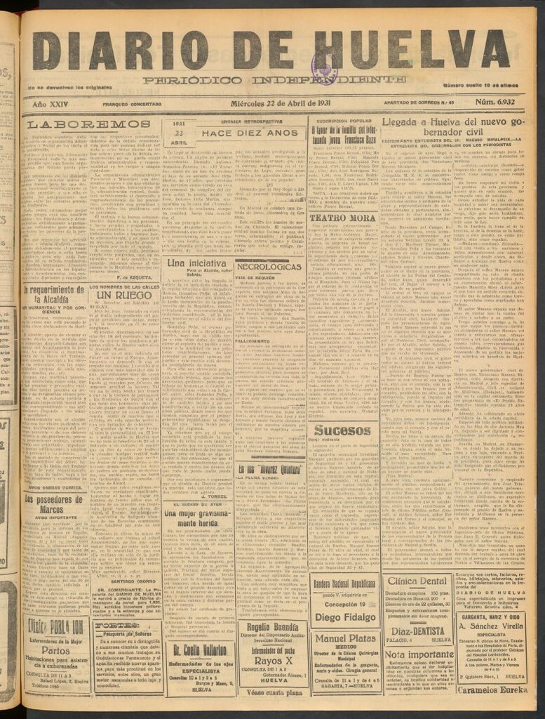 Miniatura de Diario de Huelva : periódico independiente del 22 de abril de 1931