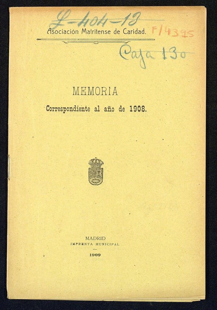 Miniatura de Memoria correspondiente al año 1908 de la Asociación Matritense de la Caridad