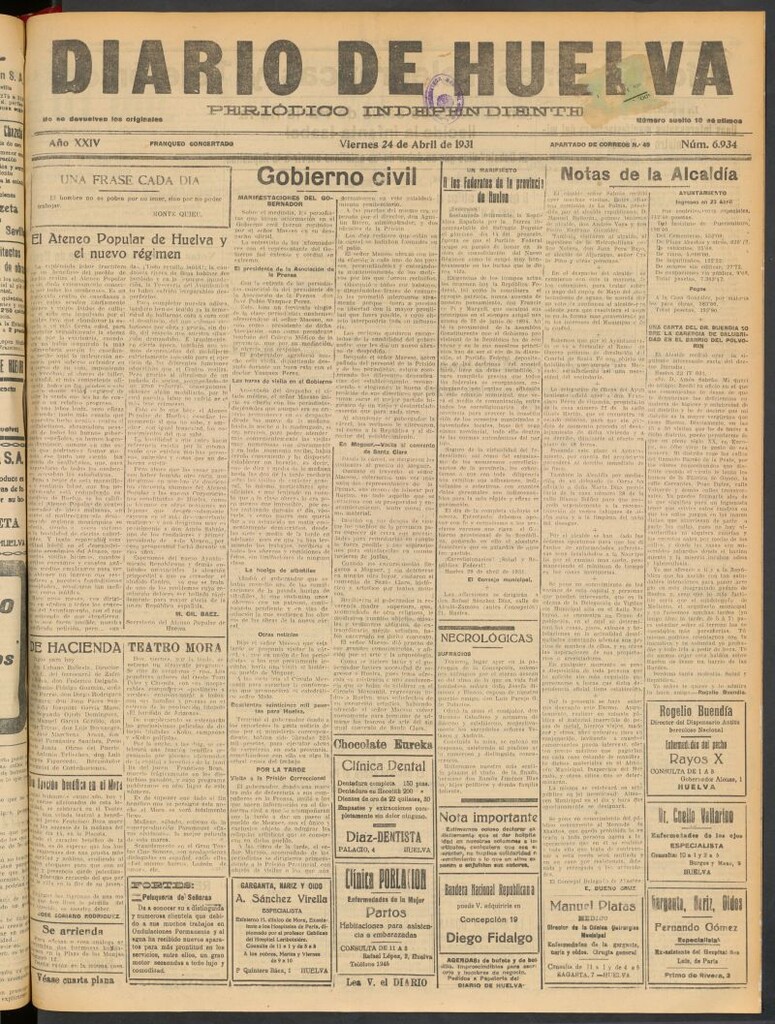 Miniatura de Diario de Huelva : periódico independiente del 24 de abril de 1931