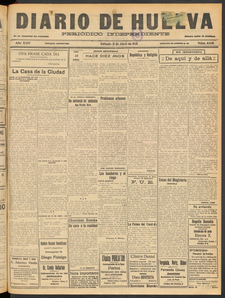 Miniatura de Diario de Huelva : periódico independiente del 25 de abril de 1931