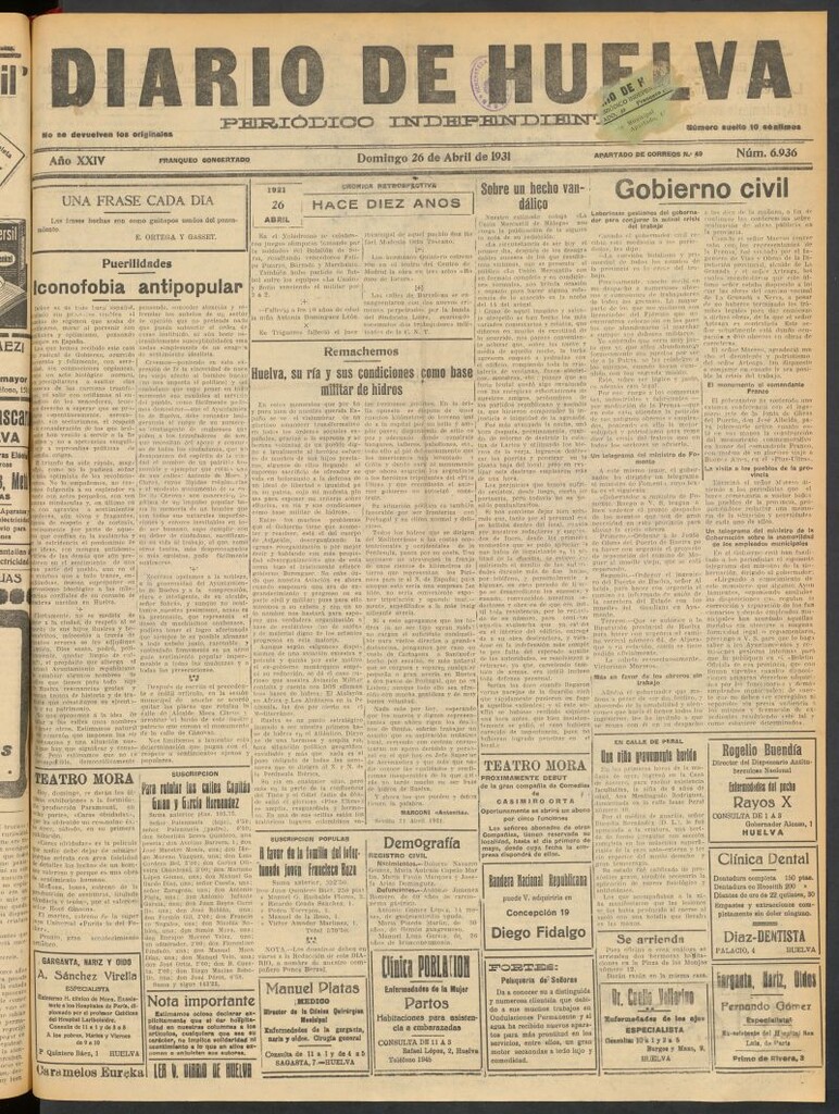 Miniatura de Diario de Huelva : periódico independiente del 26 de abril de 1931