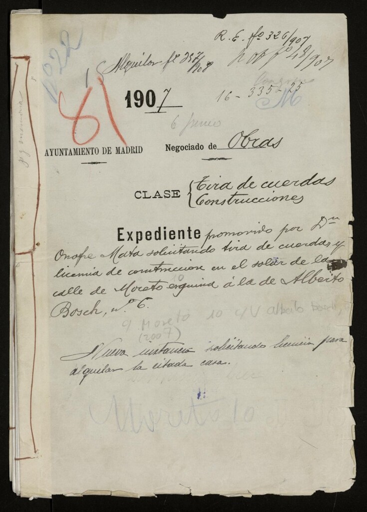Miniatura de Expediente solicitud de tira de cuerdas y construcción en solar de la calle Moreto esquina Alberto Bosch