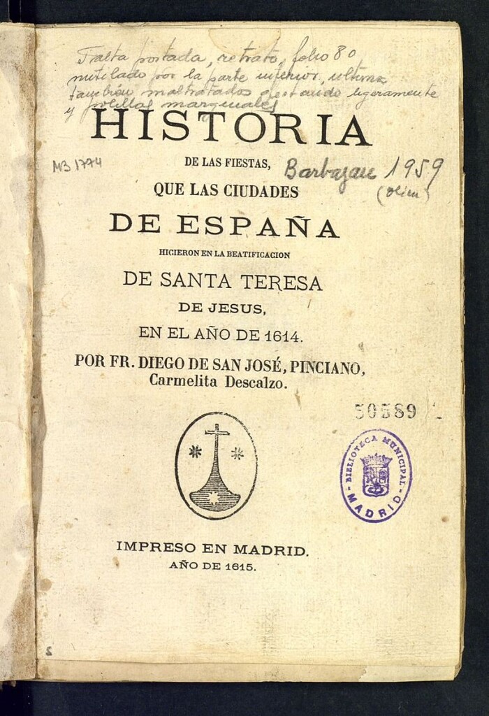 Miniatura de Compendio de las solenes [sic] fiestas que en toda España se hicieron en la Beatificacion de N.B.M. Teresa de Iesus fundadora de la Reformacion de Descalzos y Descalzas de N.S. del Carmen : en prosa y verso ...