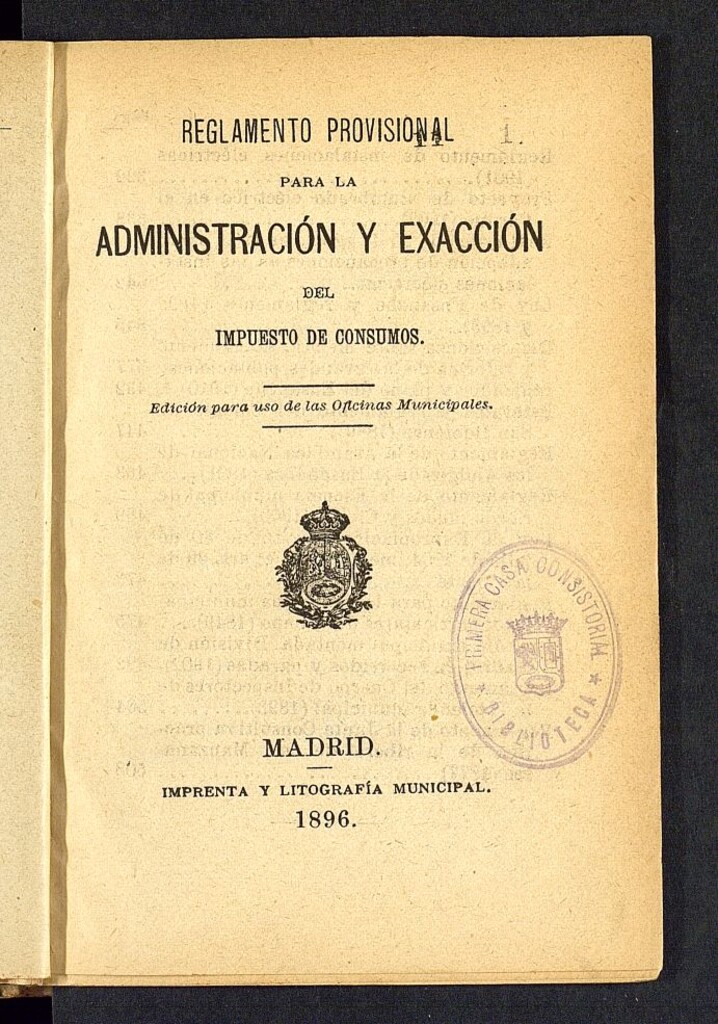 Miniatura de Reglamento provisional para la Administración y exacción del impuesto de Consumos