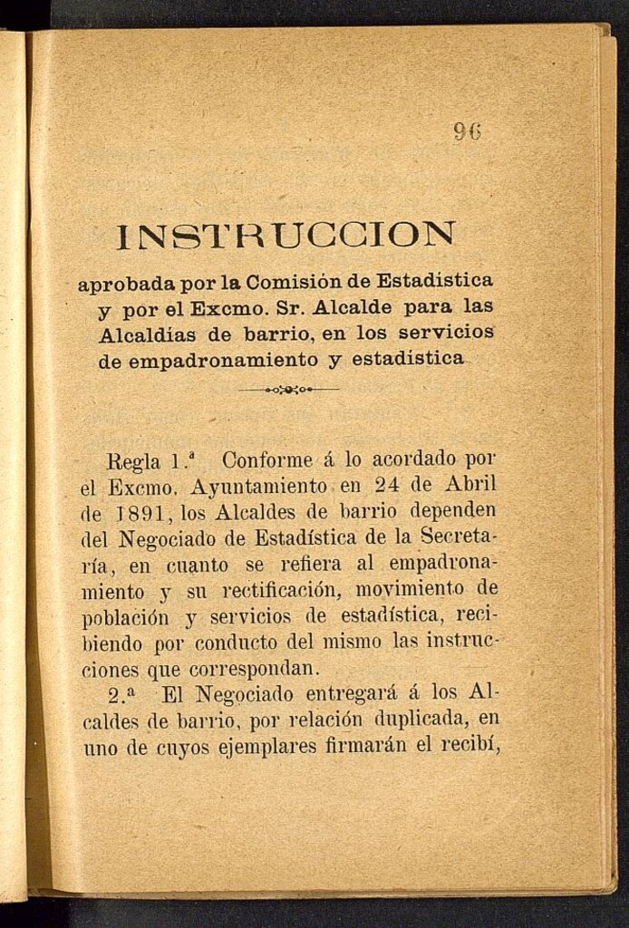 Miniatura de Instrucción para las Alcaldías de barrio en los servicios de empadronamiento y estadística de 22 de julio de 1896