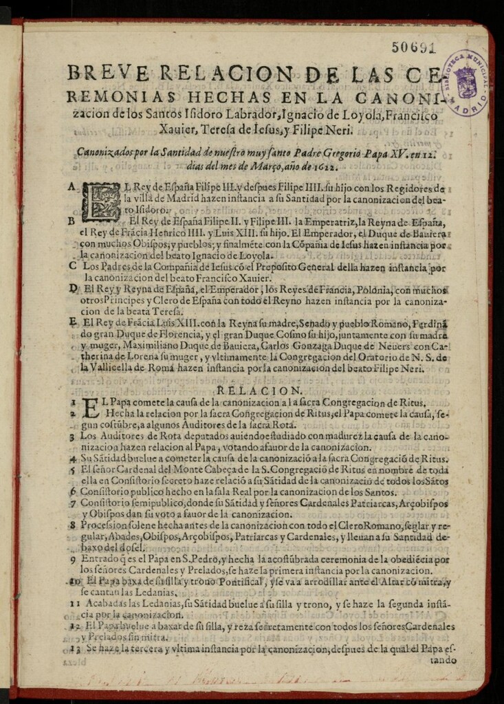 Miniatura de Breue relacion de las ceremonias hechas en la canonizacion de los santos Isidoro Labrador, Ignacio de Loyola, Francisco Xauier, Teresa de Iesus, y Filipe Neri