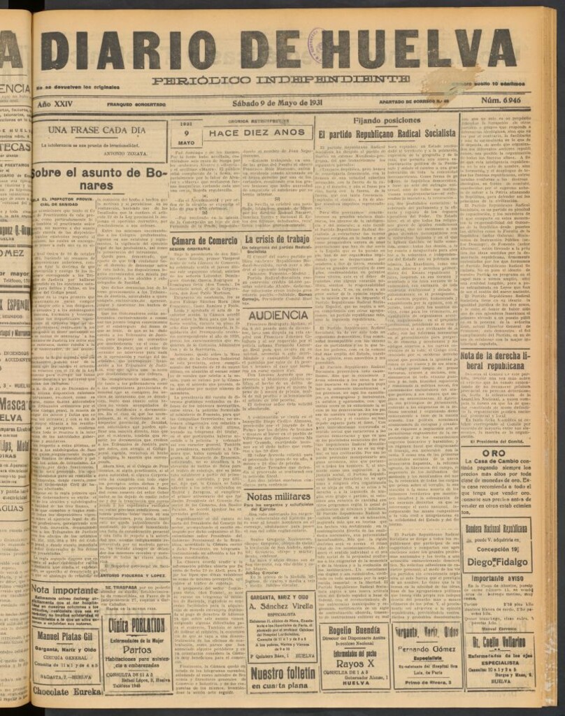 Miniatura de Diario de Huelva : periódico independiente del 9 de mayo de 1931