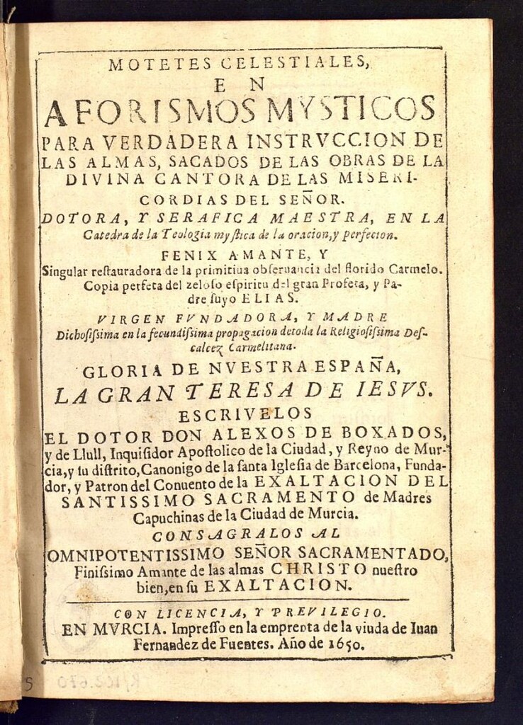 Miniatura de Motetes celestiales en aforismos mysticos para verdadera instrucción de las almas : sacados de las obras de... la gran Teresa de Iesus