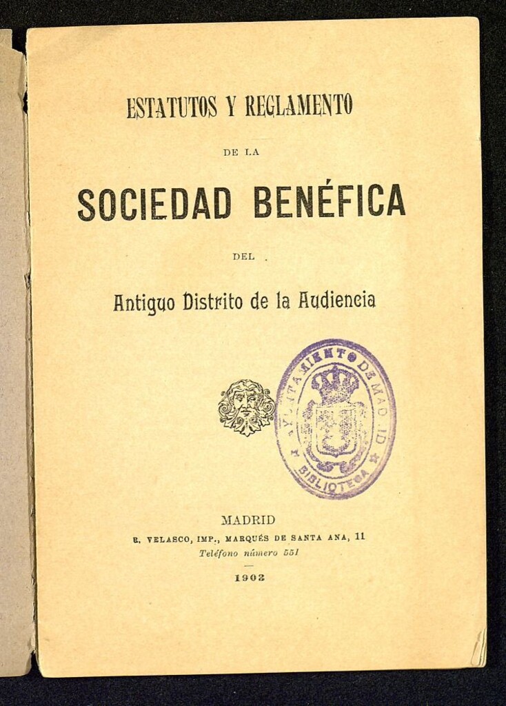 Miniatura de Estatutos y reglamento de la Sociedad benéfica del antiguo distrito de la Audiencia