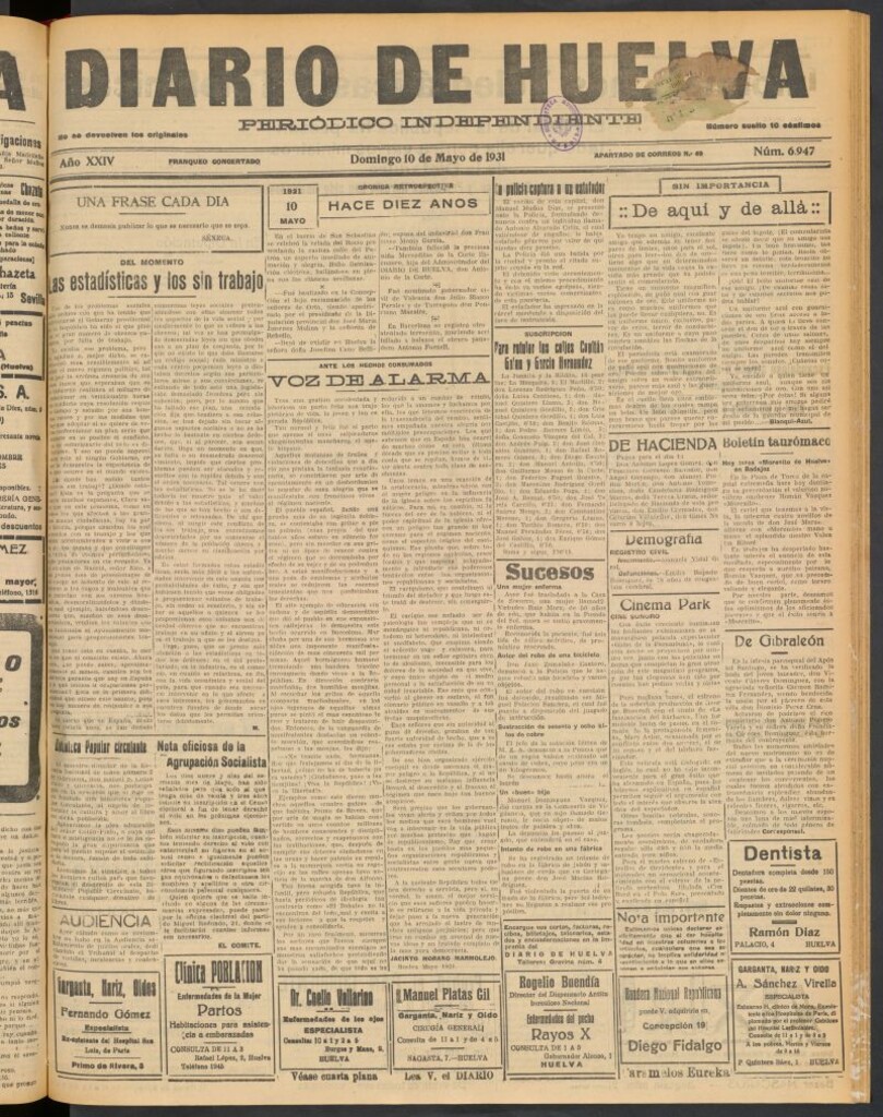 Miniatura de Diario de Huelva : periódico independiente del 10 de mayo de 1931